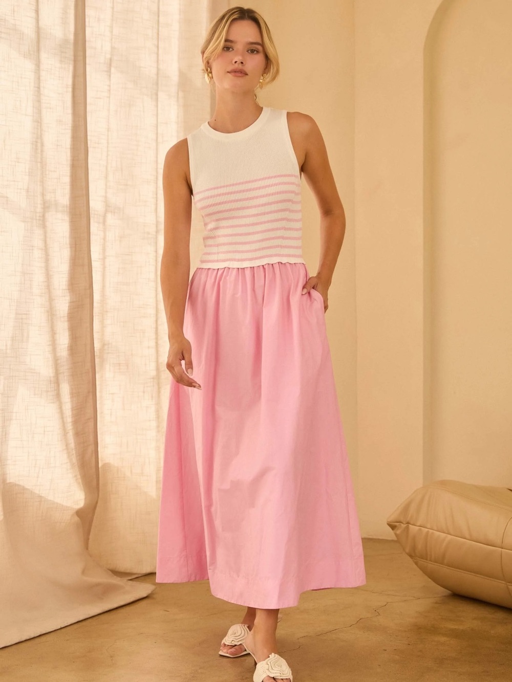 Skies Are Blue Midi Dress Pink and White | Size Small | Worn once!